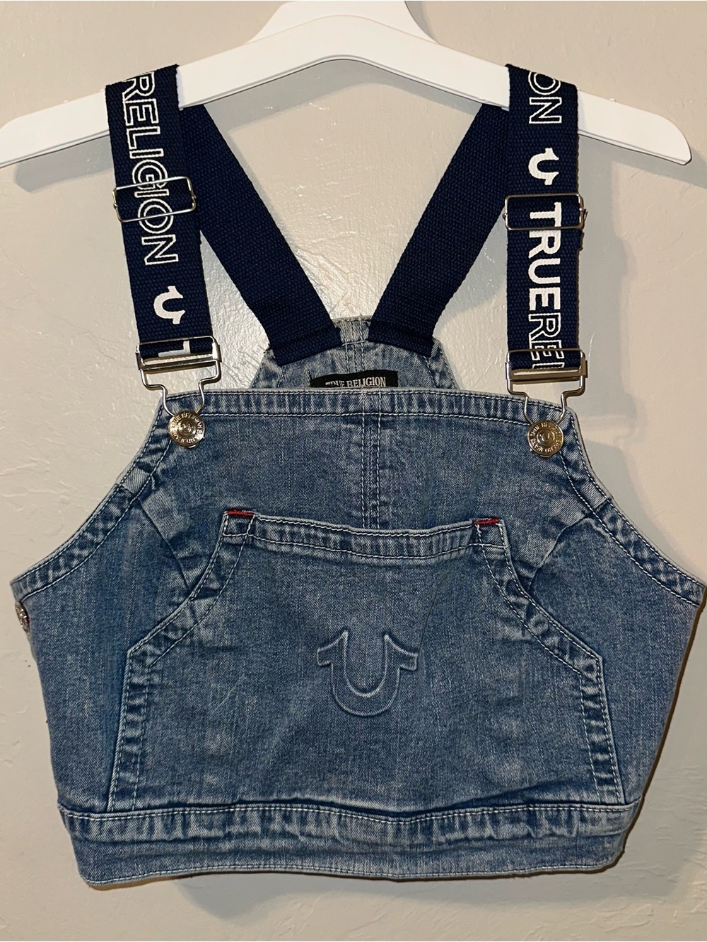 True Religion Denim Crop Top with Navy Branded Straps